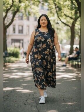 Dressbarn Black Sleeveless Maxi Dress with Tan & Gold Leaf Print